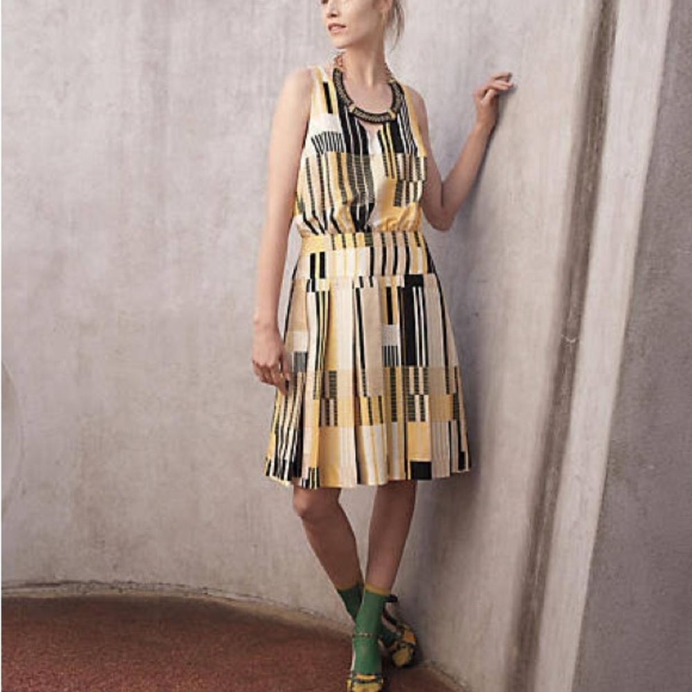ANTHROPOLOGIE Meave Otta Striped Sleeveless Dress - Yellow Black 4 silk blend